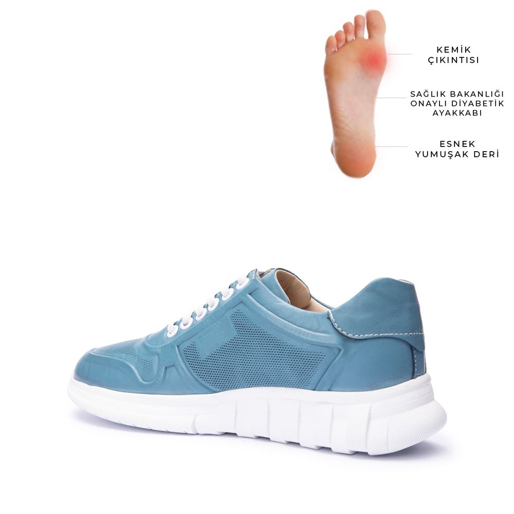 030 Kot Mavi Hakiki Deri Tam Ortopedik Diyabetik Spor Ayakkabısı