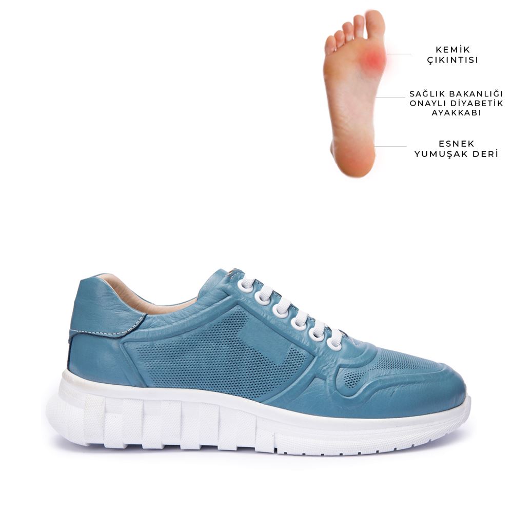 030 Kot Mavi Hakiki Deri Tam Ortopedik Diyabetik Spor Ayakkabısı